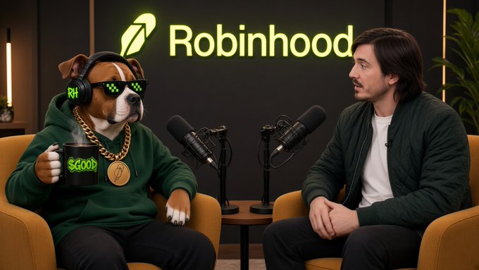 An anthropomorphic dog wearing pixelated "thug life" sunglasses, a gold chain, and a green hoodie sits in a podcast setup holding a "$GOOD" mug, facing a man in a green jacket across two microphones with a glowing "Robinhood" logo on the wall behind them—visually representing the post's pitch to Robinhood's Vlad Tenev to list the $GOOD token.