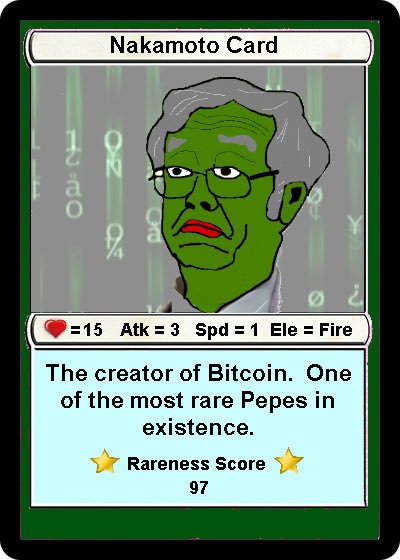 A digital trading card titled 'Nakamoto Card' depicts a Pepe-style green portrait with text reading 'The creator of Bitcoin. One of the most rare Pepes in existence.' and a Rareness Score of 97.