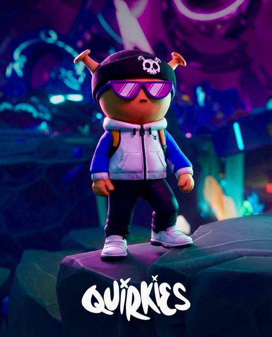 A 3D-rendered cartoon character with horns, sunglasses, and a hoodie stands on a rock with the word 'QUIRKIES' below.