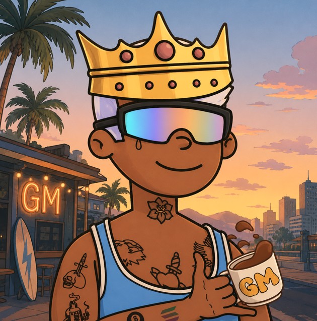 A cartoon illustration of a character wearing a gold crown, rainbow sunglasses, and a blue tank top, holding a cup with 'GM' written on it against a sunset beach backdrop.
