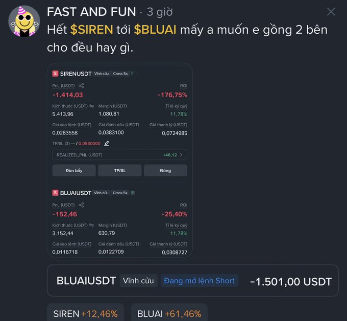 A Vietnamese-language crypto post on a Discord-style forum shows significant losses on cross-margin short positions for $SIREN and $BLUAI, with unrealized P&L of -1,414.03 USDT (-176.75% ROI) and -152.46 USDT (-25.40% ROI) respectively. The screenshot illustrates the post's warning about low-cap altcoins dumping quickly on shorts, as both SIREN (+12.46%) and BLUAI (+61.46%) pumped sharply against the trader's position.