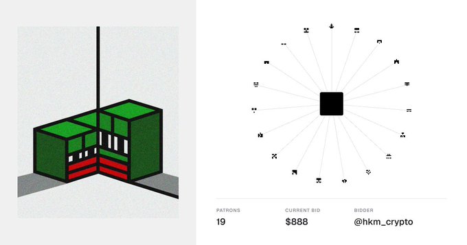 A digital art auction interface showing a 3D isometric green and red block design on the left, and a radial timer on the right with a current bid of $888 by @hkm_crypto and 19 patrons.