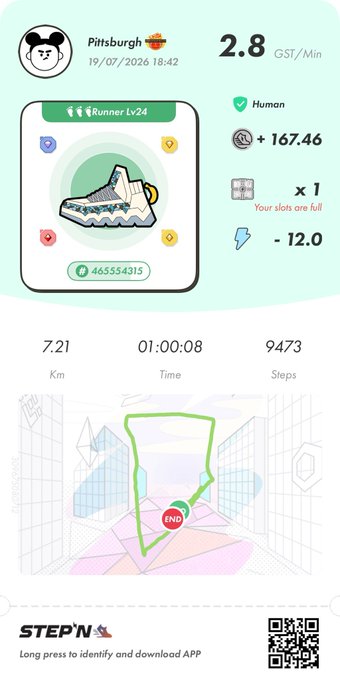 A 'STEPN' app screenshot showing a Runner Lv24 sneaker with stats including +167.46 GST, 7.21 Km, and 9473 Steps.