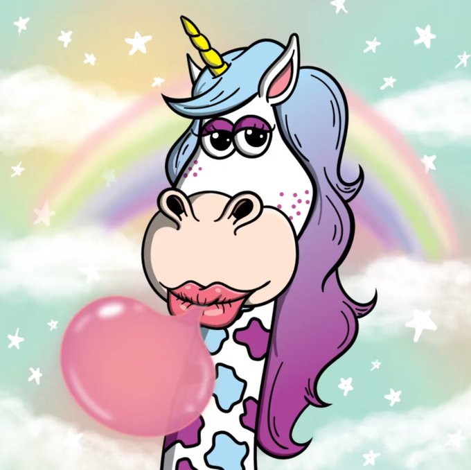 A cartoon unicorn with a blue and purple mane and yellow horn blows a pink bubblegum bubble against a dreamy background of clouds, stars, and a rainbow.