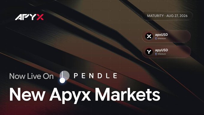 The image features a poster for new markets, with the text "New Markets" written at the top of the poster. Below this, there are two lines of text that read "Both $apxUSD and $apyUSD markets are now LIVE! Both $apxUSD and $apyUSD markets are set to expire August 27, 2026." The poster also includes a logo for Apyx Markets, which is a company that provides financial services related to cryptocurrency trading.