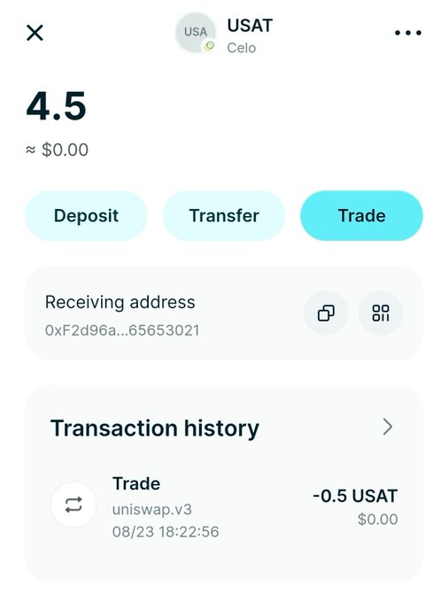 The image shows a wallet interface displaying a balance of 4.5 USAT on the Celo network, valued at approximately $0.00, with a transaction history showing a recent trade of -0.5 USAT via Uniswap v3 on 08/23 at 18:22:56. This screenshot illustrates a user's empty or near-empty USAT balance, highlighting the need to claim rewards from the Google Cloud × Celo USA₮ Faucet to receive up to $10 in tokens.