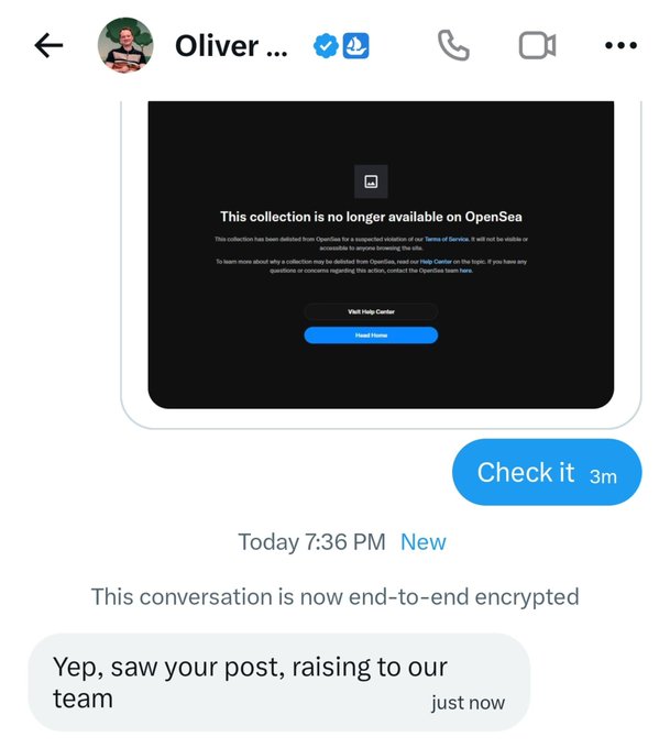 A Facebook Messenger conversation with "Oliver" shows an OpenSea notification stating "This collection is no longer available on OpenSea," after which the user replies "Yep, saw your post, raising to our team," illustrating the behind-the-scenes outreach that followed the announcement about the collection coming back soon.
