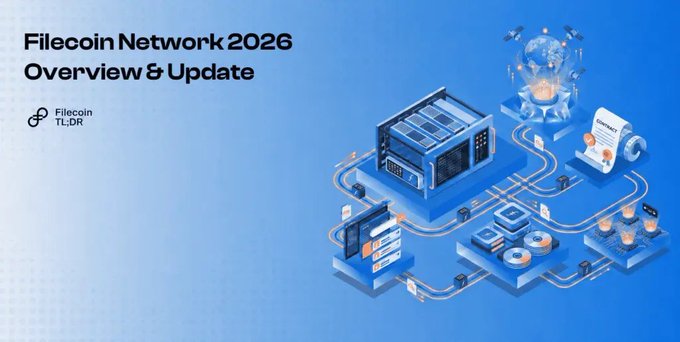 A title slide for 'Filecoin Network 2026 Overview & Update' by Filecoin TL;DR, featuring a blue 3D isometric illustration of network infrastructure components.