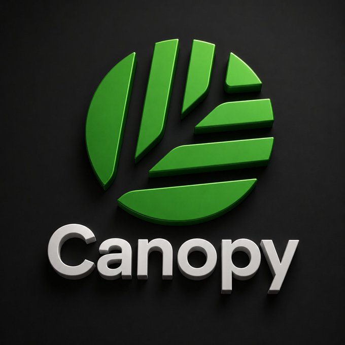 A green 3D logo with leaf-like shapes is displayed above the word "Canopy" in silver text on a dark background.