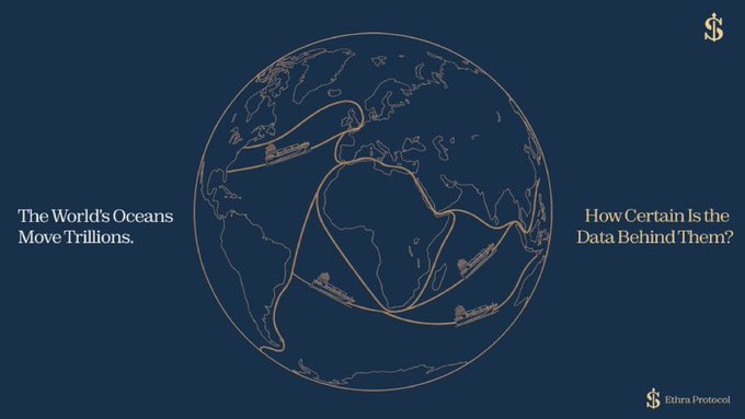 A dark blue infographic shows a wireframe globe with shipping routes connecting continents, flanked by text reading "The World's Oceans Move Trillions" and "How Certain Is the Data Behind Them?" with the Eturna Protocol logo.