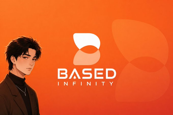 A promotional image with an orange background featuring an anime-style character in a brown jacket next to the 'BASED INFINITY' logo.