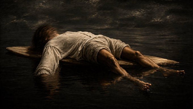 The image features a person lying face down in water, with their head above the surface of the water. The person appears to be wearing a white shirt and shorts while they are submerged underwater. The background consists of a dark sky filled with clouds, which adds an atmospheric element to the scene. The image is accompanied by a caption that reads "Gm and sold Thank you so much @tokioflo and @CorinaObertas for collecting #NoOne Fell on Elsewhere event #18/20".