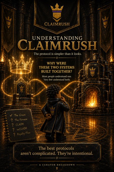 A promotional graphic for ClaimRush titled 'Understanding ClaimRush: The protocol is simpler than it looks,' featuring a Lego-style figure standing between two ornate thrones and a furnace, with a checklist on a notepad listing The Crown, The Furnace, CLAIM, veCLAIM, and Royalty Flow.