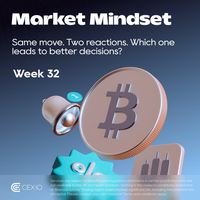 A CEX.IO "Market Mindset" Week 32 promotional graphic featuring a 3D Bitcoin coin alongside a megaphone, percent symbol, and plug illustration, with the headline "Same move. Two reactions. Which one leads to better decisions?"—visually tying into the post's theme about a Coldcard firmware bug enabling $110 million in bitcoin theft from 5,200+ wallets, prompting reflection on how different market reactions to such crypto security risks lead to different investor outcomes.