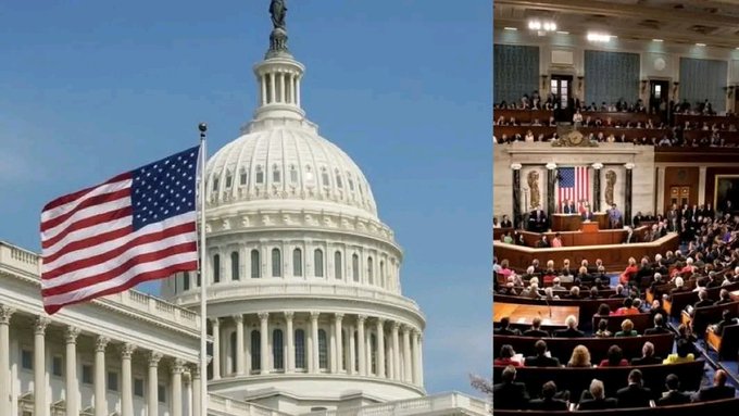 A split image showing the U.S. Capitol building with an American flag on the left, and the interior of Congress in session with a member speaking at the podium on the right.