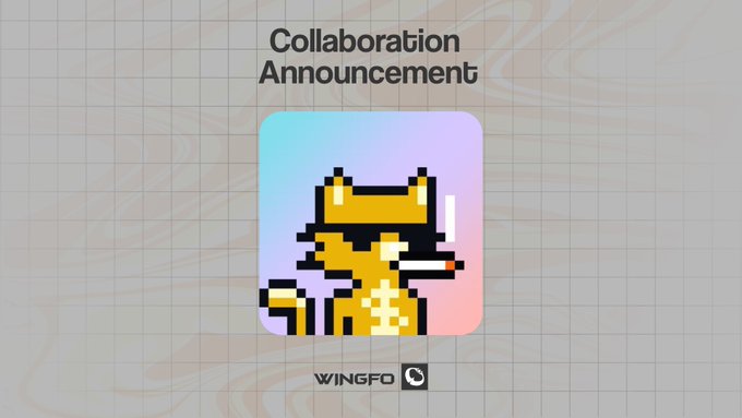 A “Collaboration Announcement” graphic features a pixel-art cat with the text “WINGFO.” It promotes the Opencatz collaboration by @itsdizcorvus: 5,000 unique on-chain SVG pixel cats launching on Robinhood Chain in September 2026, with price TBA and a raffle coming soon.