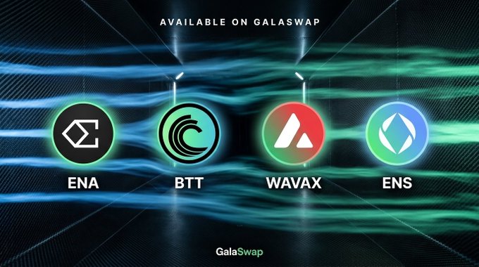A promotional graphic for GalaSwap announcing that ENA, BTT, WAVAX, and ENS are now available on the platform, displayed as four glowing circular token icons against a dark, futuristic background. The text "AVAILABLE ON GALASWAP" appears at the top, with the GalaSwap logo at the bottom, highlighting the addition of these four digital assets for trading on GalaChain.