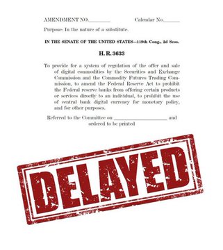 A legal document titled "AMENDMENT NO. ___ to H.R. 3633" aimed at regulating digital currency sales by the SEC and CFTC is shown stamped with a large red "DELAYED" marking. The image illustrates how the proposed legislation, which would impact central bank digital currency policy, faces setbacks—visually tying to the post's warning that the U.S. House's cancellation of September sessions puts the Crypto Clarity Act at risk.