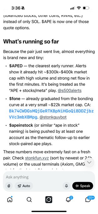 Mobile screenshot discussing cryptocurrency including $APED tokenized stocks, $one, and $apeinstock on Solana-based pairs, with hashtags like #APE, #SOL, and #memecoin.