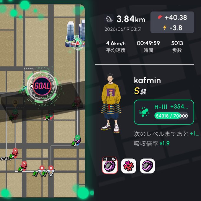 The image shows a map of a city with a person standing at the center, wearing a yellow shirt and blue jeans. The map displays various landmarks such as buildings and roads, indicating that this location could be a popular tourist spot or a well-known area in Japan. The post is titled "#HEAL3 本日のヘルスリーです。 丸の内の3日目 เป็นします". This post seems to be related to the game, possibly providing information about a specific location or offering tips for players.