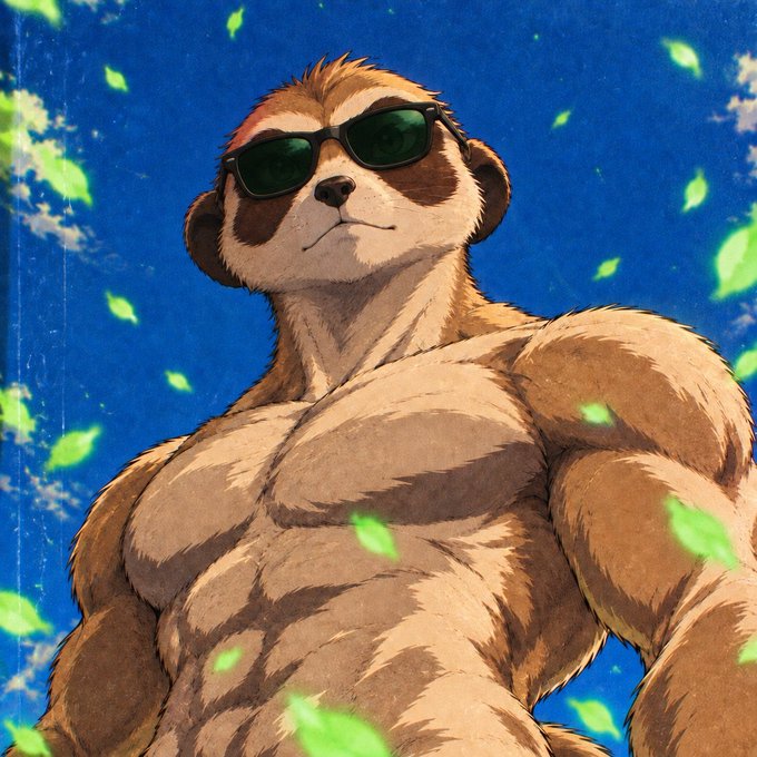 An anime-style illustration of a heavily muscular meerkat wearing dark sunglasses, standing against a blue sky with green leaves blowing in the wind.