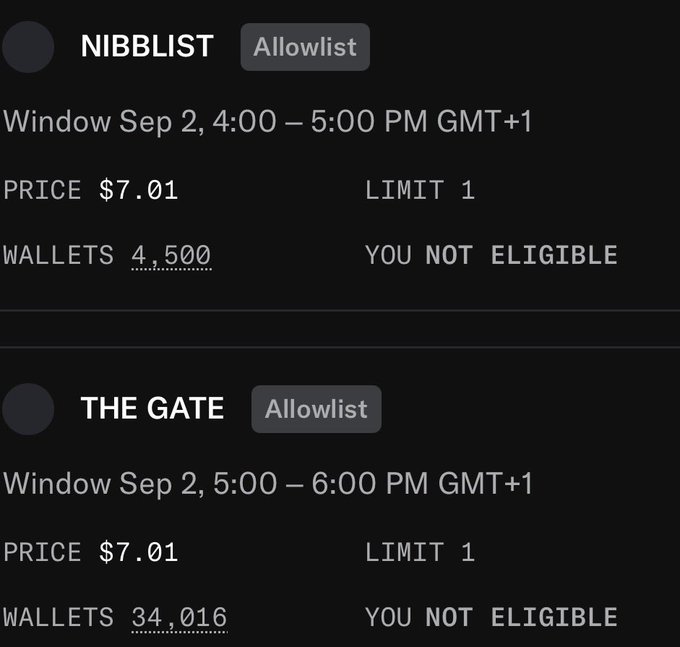 The image shows a minting schedule displaying two allowlist drops—NIBBLIST at $7.01 (4,500 wallets) and THE GATE at $7.01 (34,016 wallets), both marked "YOU NOT ELIGIBLE"—scheduled for September 2nd. The screenshot supports the post's criticism of @NibblinsHQ by showing the $7.01 mint price across two phases, which when multiplied by a 10,000 supply yields the $70,000 figure the author cites as a red flag.