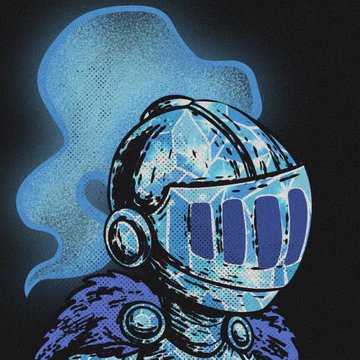 A stylized illustration features a metallic robot or astronaut helmet in blue and silver tones with a dotted, cosmic blue aura against a dark background.