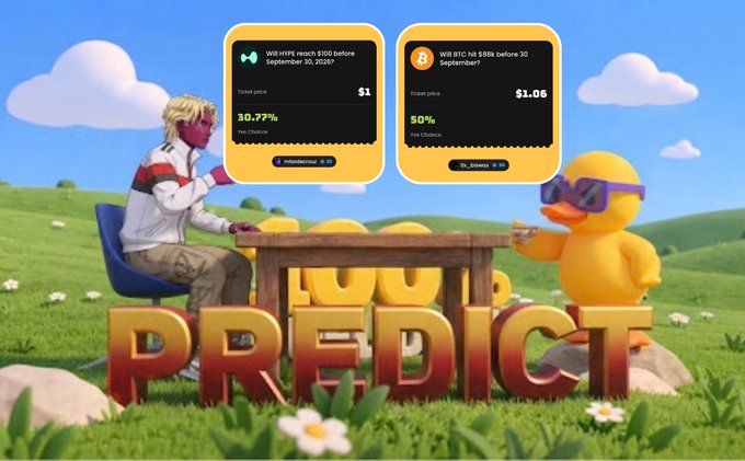 A promotional banner for a prediction market featuring a character and a duck wearing goggles at a table, with bets on 'Will HYPE reach $100 before September 30, 2026?' and 'Will BTC hit $88k before 30 September?'.