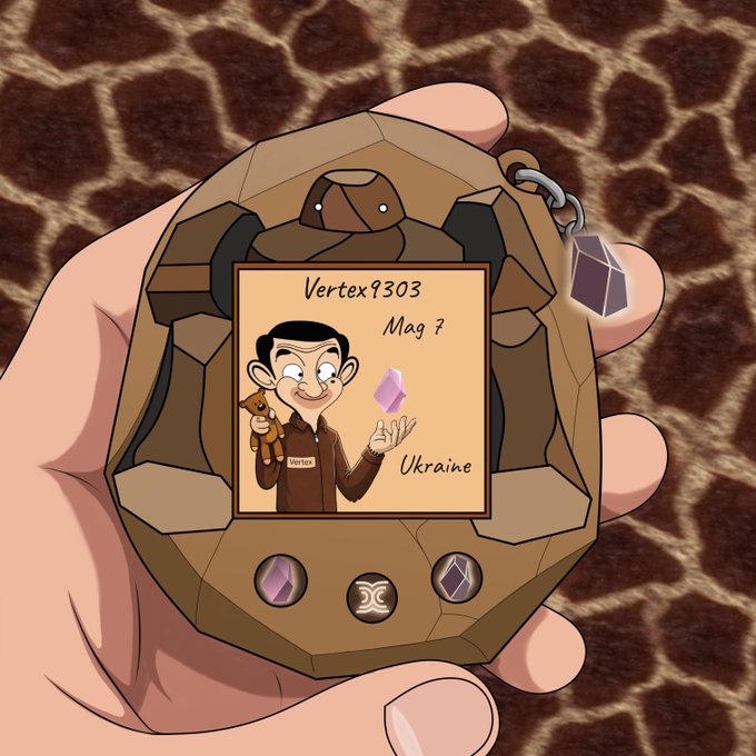 A hand holds a stone-like Seismic device displaying a custom Tamagotchi-style card for "Vertex9303" (Mag 7, Ukraine) featuring a cartoon avatar holding a puppy and a purple gem, set against a giraffe-print background.