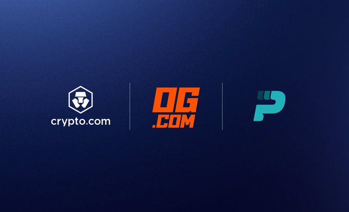 The image displays three logos arranged horizontally on a dark blue background: the Crypto.com logo (featuring a hexagonal shield icon), the OG.COM logo in orange and white text, and the Prospect Markets logo (a stylized "P" in teal). The image visually represents a partnership announcement, with the Crypto.com and Prospect Markets logos emphasizing their collaboration, though the OG.com logo's inclusion suggests its role as a related entity or platform in the initiative.