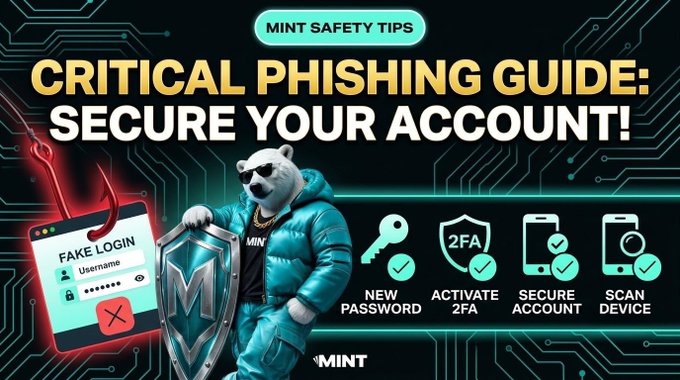 A digital graphic titled 'MINT SAFETY TIPS: CRITICAL PHISHING GUIDE: SECURE YOUR ACCOUNT!' featuring a polar bear mascot in a blue jacket holding a shield, alongside icons for fake login, new password, 2FA, secure account, and scan device.