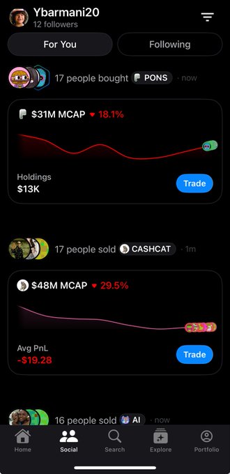 The image shows a "For You" social feed on a crypto trading app featuring activity updates such as "17 people bought $PONS," "17 people sold $CASHCAT" (with a -29.5% drop and a $48M market cap), and "16 people sold $AI," with holdings of $13K and an avg PnL of -$19.28. This real-time trade tracking feed illustrates the kind of alpha the post is promoting—showing in real time what tokens others are buying and selling before making your own moves.