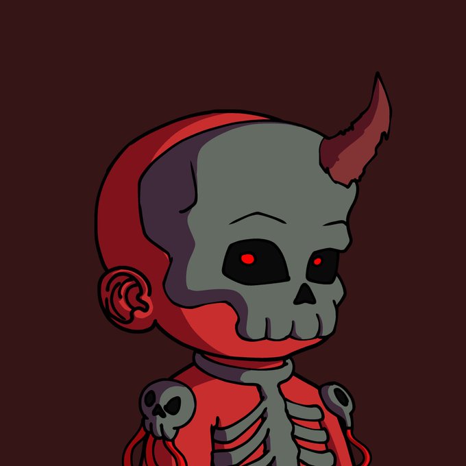 A stylized cartoon illustration features a red-skinned character wearing a gray skull mask with glowing red eyes and dark horns, set against a deep maroon background, which complements the dark, edgy aesthetic of the "Wule" NFT collection being promoted on OpenSea.