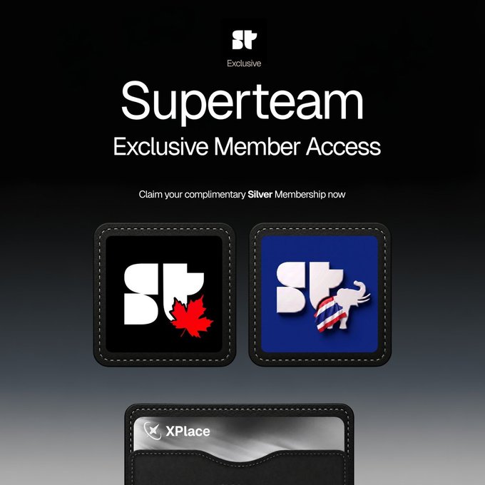 A promotional graphic for 'Superteam Exclusive Member Access' offering a complimentary Silver Membership, featuring logos containing Canadian and American flags and an XPlace card.