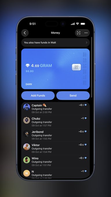 A smartphone displays a Telegram "Money" wallet screen showing a balance of 4.69 GRAM ($6.60) with options to "Add Funds" or "Send," alongside a transaction history listing outgoing transfers to users like Captain, Chubz, Jeribond, Viktor, and Wino. The image visually reinforces the post's promise of an airdrop, illustrating the very type of wallet the sender claims to help activate.