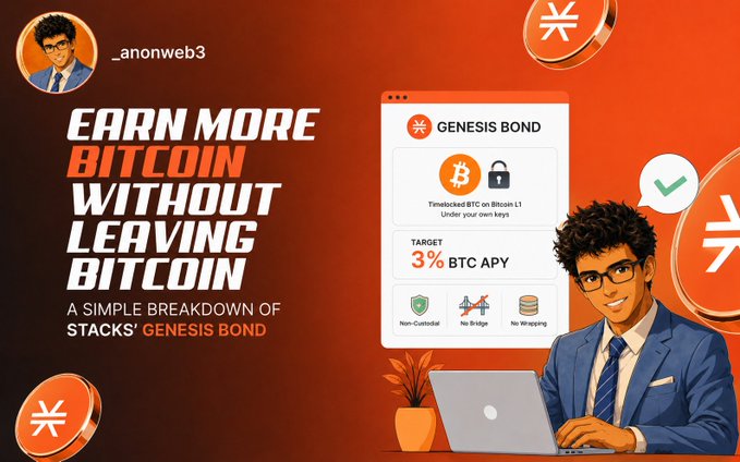 An advertisement featuring '_anonweb3' explaining 'GENESIS BOND' on the Stacks network, highlighting 'EARN MORE BITCOIN WITHOUT LEAVING BITCOIN' with a '3% BTC APY' target.