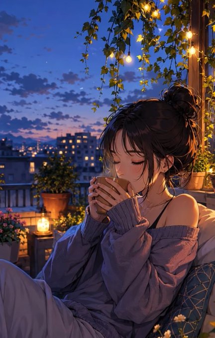 An anime-style illustration of a young woman with dark hair sipping from a mug on a balcony adorned with string lights, overlooking a cityscape at twilight.