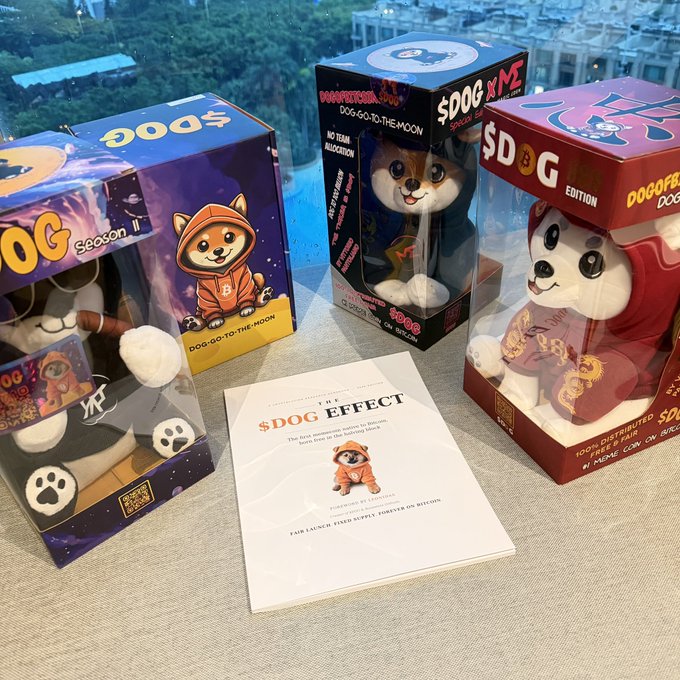 Three boxed 'DOGGO $DOG' collectible figures displayed alongside a white booklet titled 'THE $DOG EFFECT'.