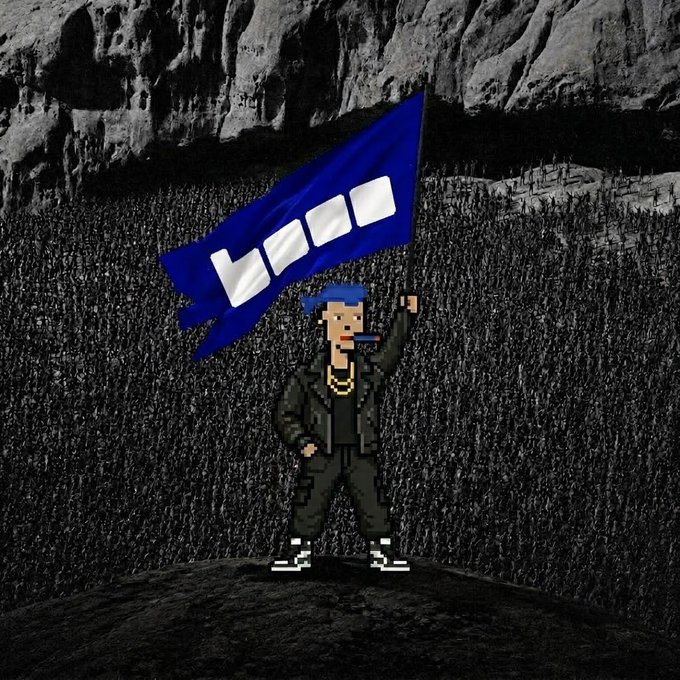 A pixel-art character with blue hair, wearing a black jacket and gold chain, stands on a rocky peak waving a blue flag with white squares. The scene is set against a grayscale mountainous landscape.