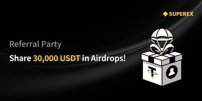 A black promotional graphic with the SuperEx logo reads "Referral Party — Share 30,000 USDT in Airdrops!" next to a white gift box illustration containing a parachuting figure and SuperEx symbols, supporting a giveaway post where followers can win 4 × 5 USDT prizes by following SuperEx, reposting, and dropping their UID.