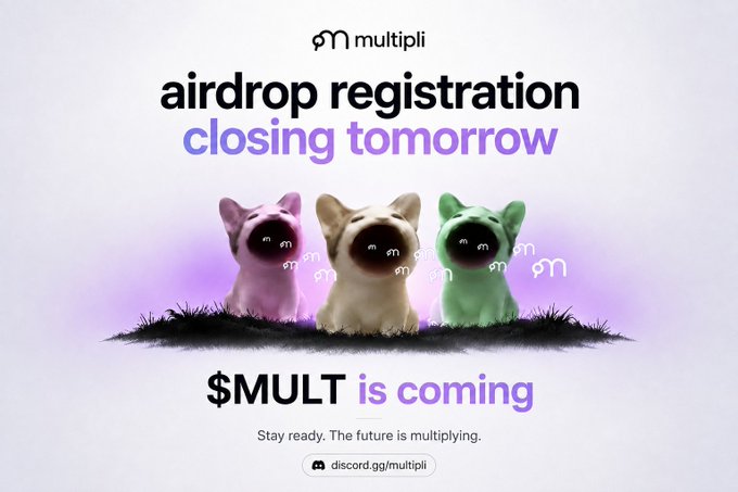 An advertisement for a crypto airdrop by 'multipli' featuring three colorful French bulldogs with logos on their faces, announcing '$MULT is coming' and directing users to discord.gg/multipli.