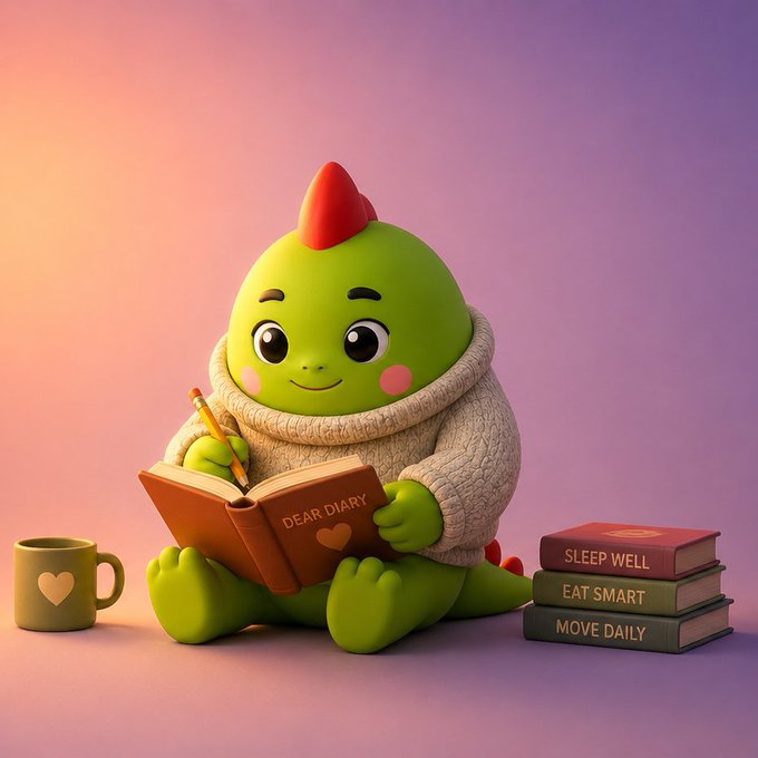 A 3D-rendered cute green dinosaur character wearing a sweater writes in a "DEAR DIARY" notebook, surrounded by books labeled "SLEEP WELL", "EAT SMART", and "MOVE DAILY".
