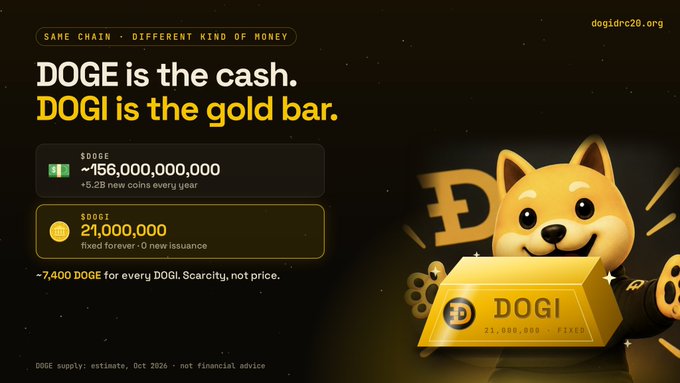 A promotional graphic stating 'DOGE is the cash. DOGi is the gold bar.' with supply statistics of ~156,000,000,000 DOGE and 21,000,000 DOGi, featuring a cartoon Shiba Inu dog holding a gold bar.