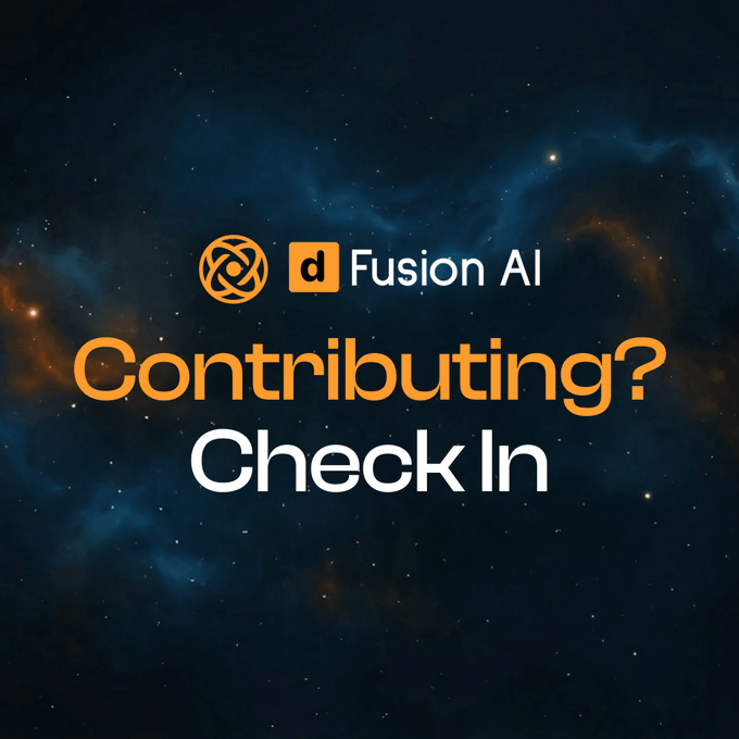 The image features a dark blue sky with orange stars, which serves as the background for an advertisement promoting a platform called "d Fusion AI". The text "Contributing?" is written above the starry sky, indicating that this platform allows users to contribute data or information related to their interests and hobbies. Below the starry sky, there's a white box containing the text "Check-in below" which suggests that users can access this platform by checking in with their personal details.
