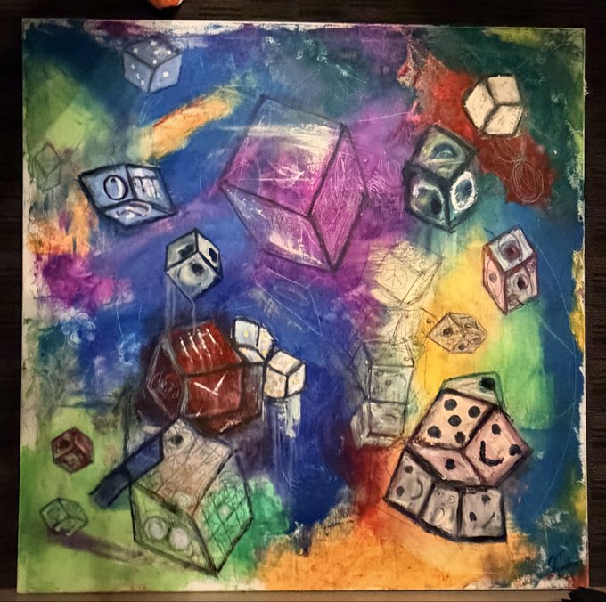 A vibrant mixed-media painting depicts numerous dice of various sizes tumbling through a colorful, cosmic background of swirling purples, blues, oranges, and greens, visually representing the gamble and chance associated with Bitcoin's volatile price movements.