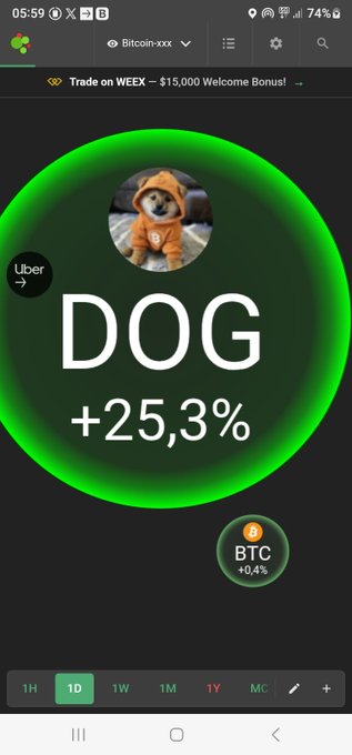 A mobile app screen displays a green circular badge for 'DOG' with a '+25,3%' increase and a small image of a dog in a hoodie.