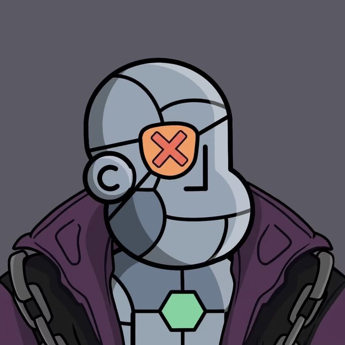 A cartoon-style illustration of a robotic or armored character with a metallic helmet, an orange X-shaped visor, and a purple cape against a gray background.