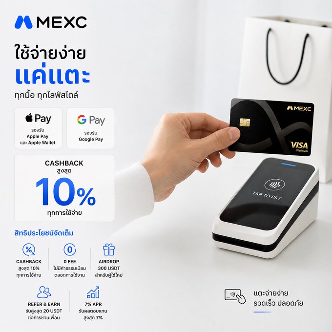A MEXC cryptocurrency exchange advertisement in Thai promoting credit/debit card purchases with Apple Pay and Google Pay, offering 10% cashback and featuring a Visa Platinum card.