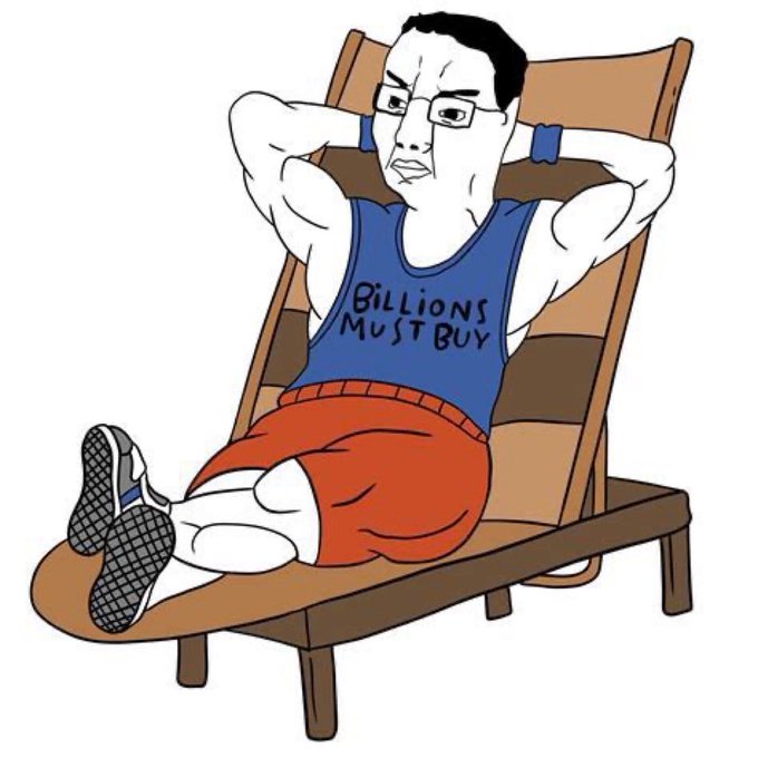 A Wojak-style cartoon drawing depicts a muscular, glasses-wearing figure lounging on a deck chair, wearing a blue tank top that reads 'Billions Must Buy'.