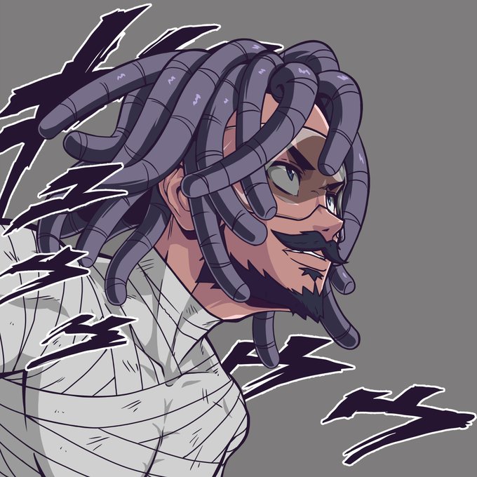 An anime-style illustration shows a character with purple tube-like dreadlocks, a goatee, and a bandaged body against a gray background.